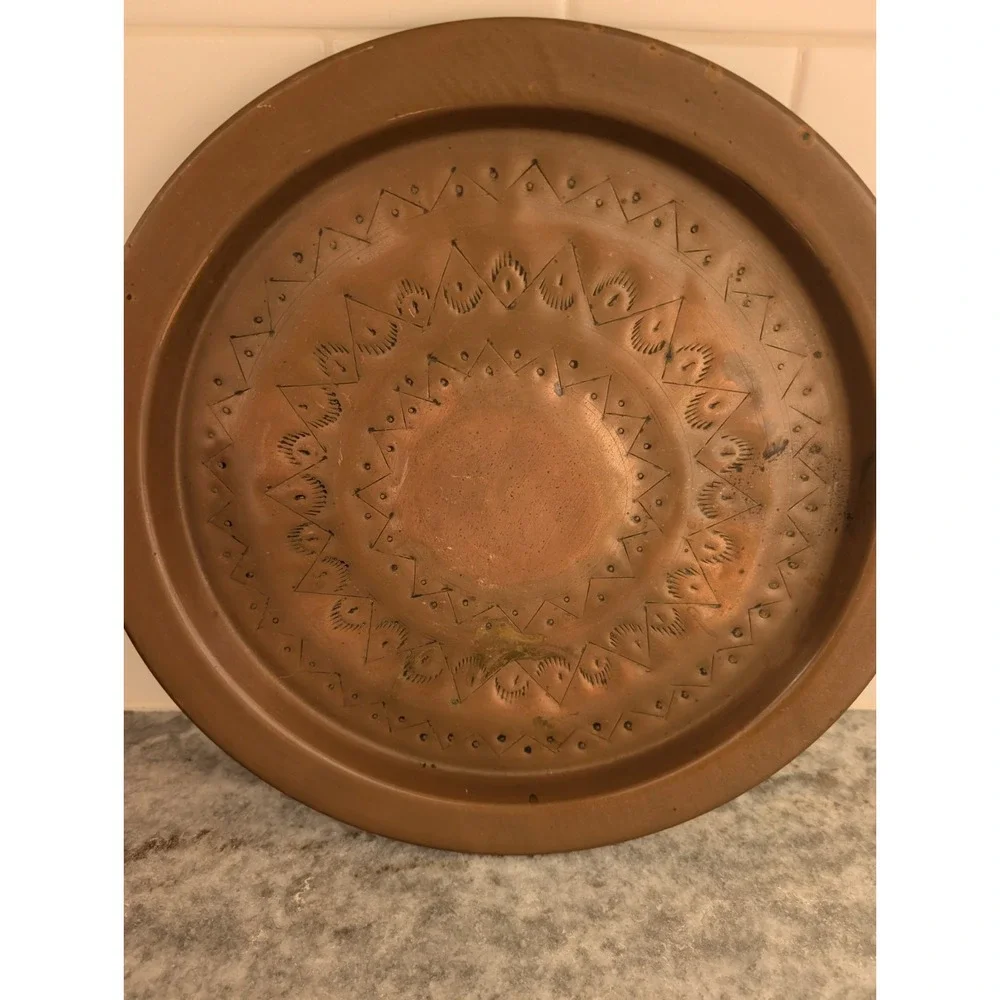 Vintage Hand Hammered Solid Copper Charger Geometric Design 12